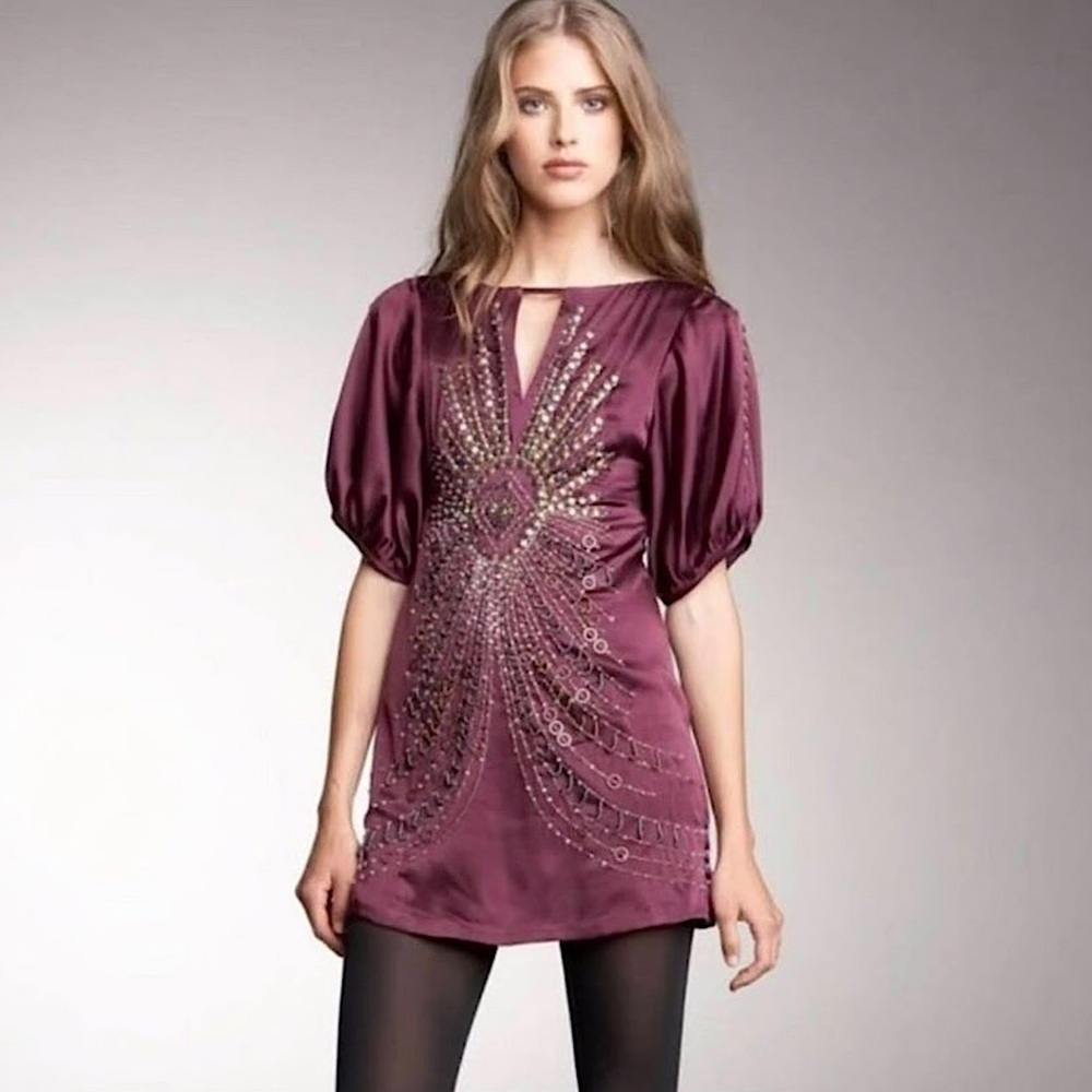 NANETTE LEPORE | Plum Silk Dress with Puff Sleeves and  Beaded embellishments